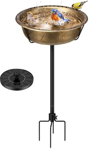 VIVOHOME Baño para Pájaros con Fuente Solar, Base 4 Puntas, Dorado | Fuente Solar, base 4 Puntas para mayor estabilidad. Baño y Comedero para Jardín y Césped. Cuenco desmontable para fácil.