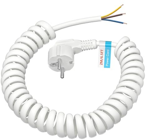 Cavo a spirale da 2 m, 0,2 m a 2 m, cavo a spirale estensibile con spina a contatto di protezione, cavo di prolunga Schuko, 230 V/16 A, IP20, per interni, bianco