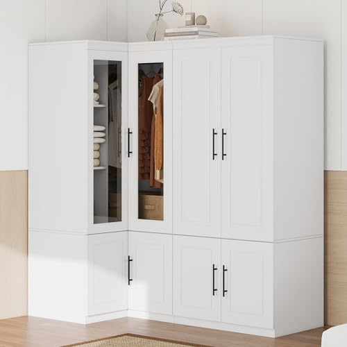 Tafeumob Wardrobe Closet: Set of 2 Modern Corner Bedroom Armoires with Glass Large Capacity Wooden Clothes Storage Cabinet with Shelve & Hangingrod White 68.12 L x 37.4 W x 70.87 H