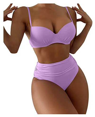 High Waisted Bikini Sets for Women Push Up Bikini Top with Tummy Control Two Piece Swimwear Padded V Neck Bikini Swimsuit Sexy Bathing Suits Swimming Costumes Beachwear Purple