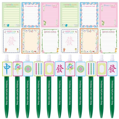 Whaline 24 Sets Mahjong Stationery Gift Colorful Mahjong Sticky Note Pads with Ballpoint Writing Pens for Tile Game Lovers Birthday Party Favors Supplies