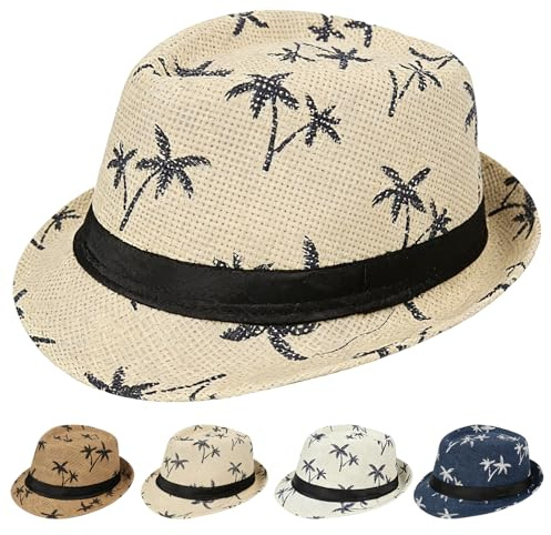 AUNGCSHE Cappello di Paglia Fedora, Cappello di Paglia Panama Trilby con Stampa di Palma, Visiera Corta, Protezione Solare Estiva, Stile da Spiaggia, Costume da Festa per Uomo Donna (Beige)