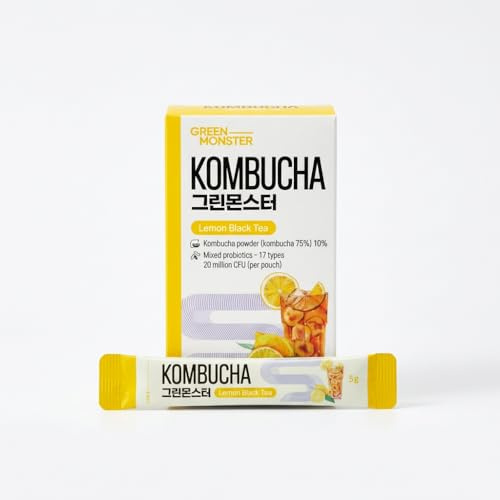 GREEN MONSTER Kombucha Limone Tè Nero Istantaneo | Bevanda in Polvere con Probiotici | Confezione da 10 Bustine Individuali da 5g | Preparazione Facile