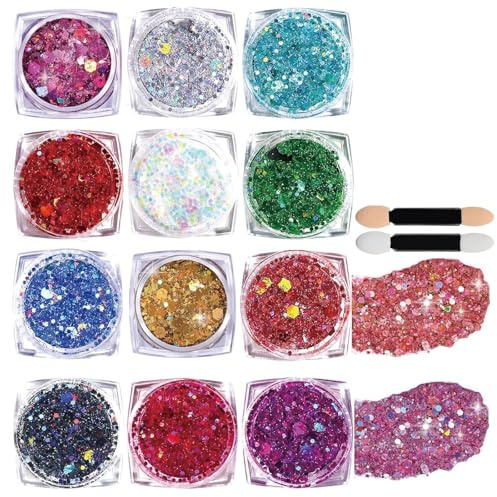 12 Colors Face Glitter for Kids, Hair Glitter Festival Accessories, Face Glitter Festival Glitter Face Paint Set with 2 Applicators, Ideal for Parties and Events