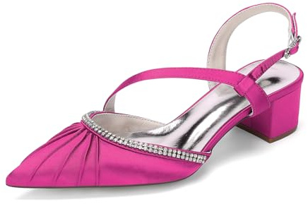 HFWXYSA Escarpins Femme Satinée Mariée Talons Bas Slingback Bout Pointu Mariage Chic pour Bureau Soirée Confortables,Fuchsia,37 EU