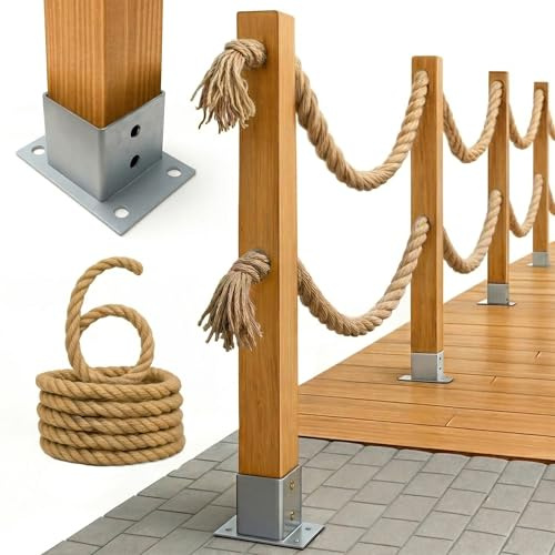 Bogateco Holzzaun Doppel-Seilzaun 6m | Komplettes Absperr-Set mit 2 Juteseilen 30mm & Holzpfosten | Imprägniertes Holz inkl. Bodenanker zum Aufschrauben | Hellbraun