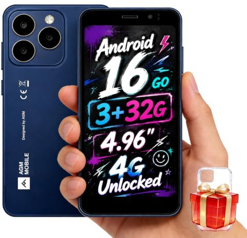 AGM NOTE N2 4G Unlocked Mini Smartphone, IP54 Dustproof Splashproof, 3000mAh Long Battery Life, 4.96 One-Hand Screen, Android 16 Go, Dual SIM, 256GB Expandable, Ideal for Backup/Elderly（blue）