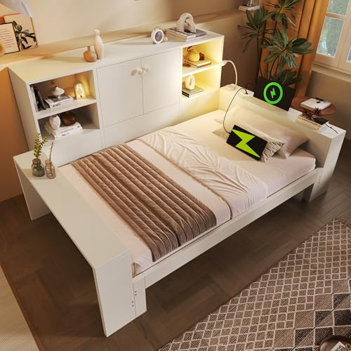 RIAZOS Kinderbett 90x200 cm mit Ausziehbett, Tagesbett mit USB Type C Ladestation, Stauraumbett mit Staufach, mit Leselampe, Jugendbett, Weiß, ohne Matratze