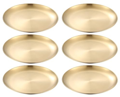 SHINEOFI Ensemble de 6 Assiettes de Présentation Doré en Acier Inoxydable, Assiette Ronde Bord Lisse, Facile à Laver, pour Dîner, Pique-niques ou Fête