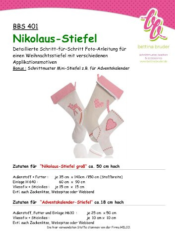 BBS 401 Schnittmuster für Nikolaus-Stiefel - mit Fotoanleitung bettinabruder®