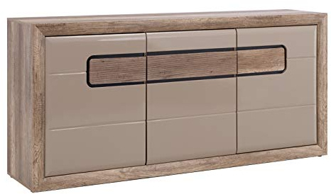 Furniture24 Kommode Tiziano, Schrank, Wohnzimmerschrank, Sideboard mit 3 Türen und LED Beleuchtung (Antik Eiche/Beige Hochglanz)