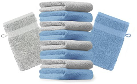 Betz Set di 10 Guanti da Bagno Premium Misure 16 x 21 cm 100% Cotone Azzurro e Grigio Argento