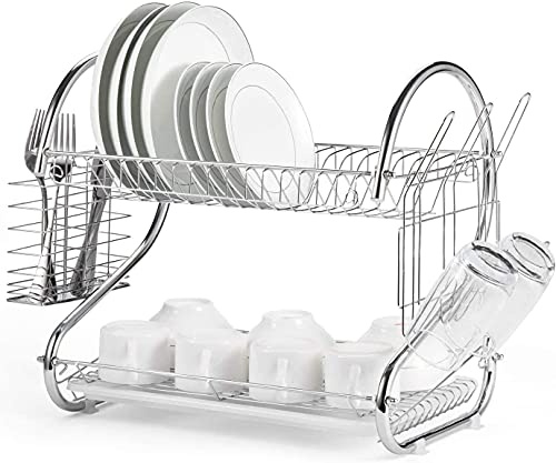 Keraiz Chrome Silver 2 Tier S Shaped Dish Drainer Rack | Utensils Holder/Rack | Steel Countertop Dish dryer Set