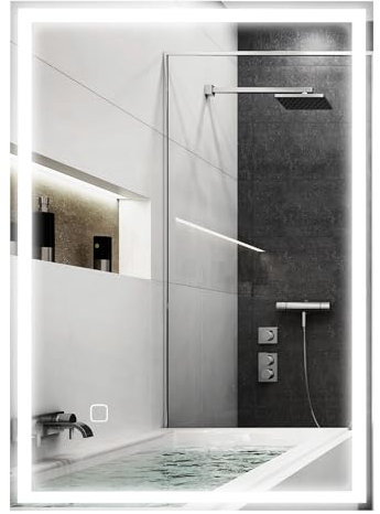 HOMCOM Badspiegel mit Beleuchtung 70 x 50 cm LED Wandspiegel mit Touchschalter, Memory-Funktion 3 Lichtfarben Beschlagfrei Lichtspiegel Silber