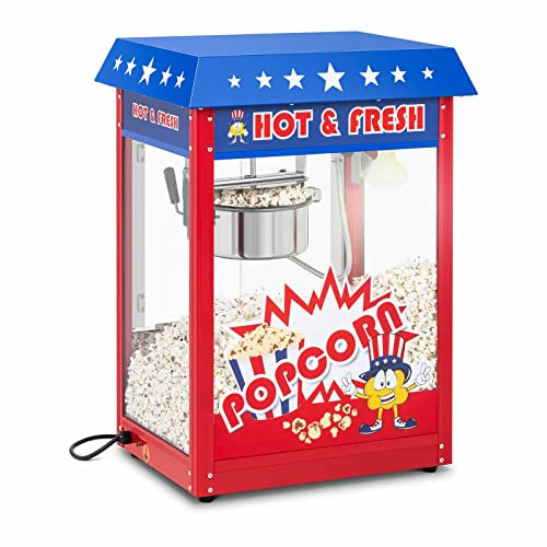 Royal Catering Popcornmaschine Retro-USA-Design 1500 W 5 kg/h beleuchteter Innenraum Wärmefunktion entnehmbarer Topf mit Antihaftbeschichtung Krümelschublade Popcornmaker
