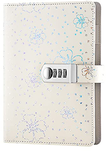 NectaRoy Journal en Cuir PU écriture Carnet, Taille Quotidien Relié Avec Serrure à Combinaison Serrure Mot de Passe Bloc-notes, Fleur et Motif d'étoile Cahier, 210x145mm