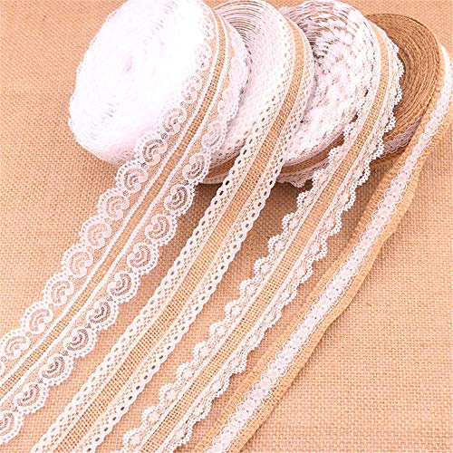 SWECOMZE 4 Stück Juteband mit Weisse Spitzen Vintage Leinwand Spitzenband für Nähen DIY Handwerk Hochzeit Party Weihnachten Deko