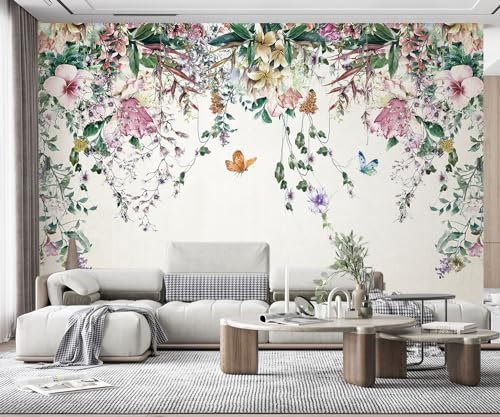 MIWEI Wallpaper Papier Peint Panoramique Vigne Aquarelle Fraîche Florale Papier Peint Nature Intissé Murale Chambre Salon,350cmX256cm