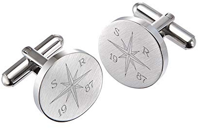 Gravado runde Manschettenknöpfe aus mattem Edelstahl mit Kompass Gravur, Personalisiert mit Jahreszahl und Initialen, inkl. Geschenkbox, Herren Schmuck