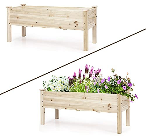 GOPLUS Carré Potager sur Pieds, Jardinière en Bois avec 5 Trous de Drainage pour Légumes, Herbes, Fleurs,Convient à Jardin,Cour,Terrase,120 x 43,5 x 51cm,Naturel