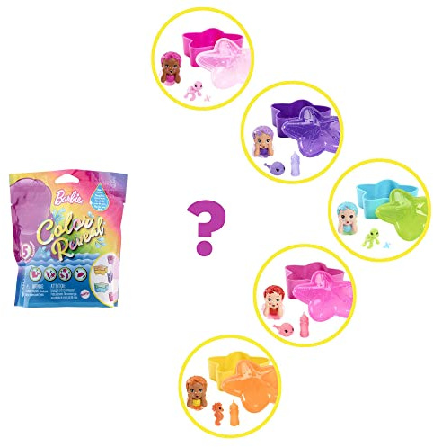 Barbie HCC97 - Color Reveal Meerjungfrauen-Baby-Puppe, 5 Überraschungen: Metallisch Blaue Puppe; Seestern-Etui; Wasser-Enthüllung; 3 Mystery Bags, Haustier & 2 Accessoires; für Kinder ab 3 Jahren