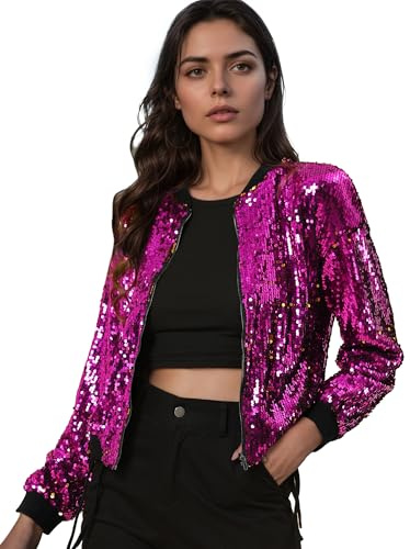 Allegra K Disfraz de Navidad Chaqueta De Bombardero De Lentejuelas Con Cremallera Y Manga Larga Recortada Con Purpurina Para Mujer Fucsia M