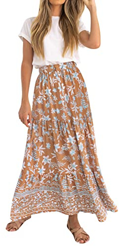 ZESICA Women's 2026 Summer Bohemian Floral Printed Elastic Waist A Line Maxi Skirt with Pockets Clay Small