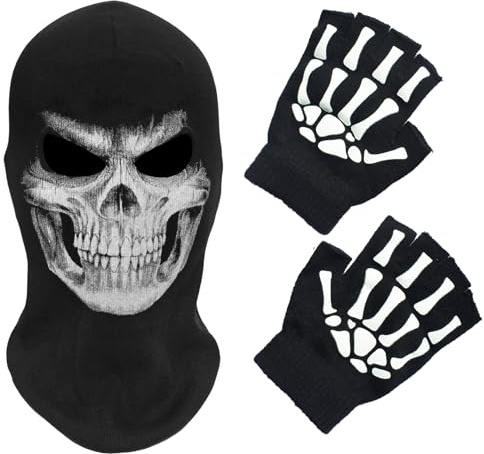 SGHE Skeleton Skull Halloween Balaclava Cap Full Face Mask for Gift Motorcycle Cycling Outdoor Sporting Camping Hiking Skiing Winter Warm With Gloves