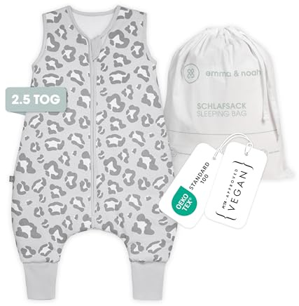 emma & noah Baby Schlafsack mit Füßen 2.5 TOG, Strampelsack für den Herbst und Winter, Bio-Baumwolle, OEKO-TEX Zertifiziert, Kuscheliger Schlafsack für Neugeborere (Leo Grau, 80 cm)