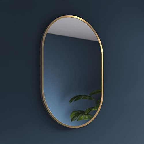 Kira Pill Bathroom Mirror Brushed Brass with Aluminium Frame - 400x600mm | Wall Mounted, Pill Shape, Portrait or Landscape, Bedroom or Hallway Use, Modern Design, Indoor Spaces