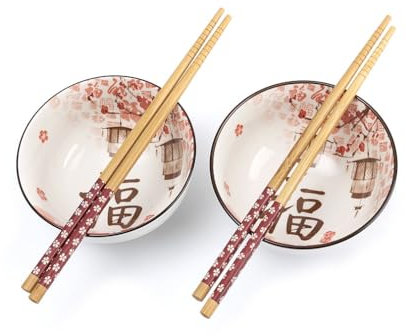 lachineuse - Coffret 2 Bols Japonais Fleurs de Cerisier ⌀ 11cm - Bols à Riz, Poke Bowl, Petit Déjeuner & Soupe - 2 Paires de Baguettes - Bol Asiatique Japon Asie - Cadeau Vaisselle Japonaise