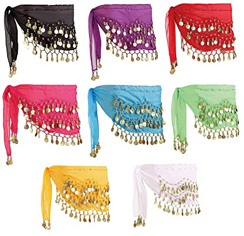 MOLFUJ 8 Pcs Belly Dance Hip Scarf, Belly Dancing Skirt with 128 Gold Coins, Belly Dancer Belt Scarf Skirt for Women 8 Mellow Colors