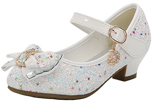 mama stadt Prinsesskor för flickor, glitterskor för barn, högklackade skor, paljetter, cosplayskor, för fester, bröllop, kardborreband, sandaler, eleganta flickskor med klack, Vit, 30 EU