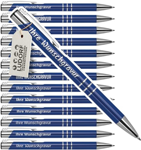#teamludorf 50x DELTA UNI LACKIERT Metall-Kugelschreiber mit Wunsch-Gravur - Personalisierte Kulis - Stift mit Namen - 16 Farben & 20 Schriftarten - 50 Stück - Blau