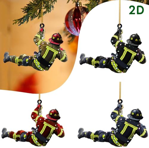 Feuerwehrmann Weihnachtsbaumbehang 4 Stück,Feuerwehrmann Weihnachtsbehang mit Lichtmuster,2D Flache Acryl Weihnachtsbaumschmuck Feuerwehrmann Hängend,Feuerwehrmann Weihnachtsfeierzubehör