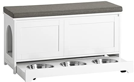 SoBuy FSR136-W Banco de Almacenamiento con 2 Puertas y 3 Boles incorporados Casa de Madera para Gatos Blanco 90 x 36 x 44 cm ES