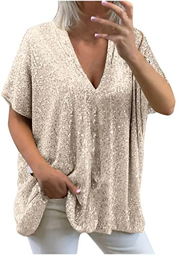 Trendige Pailletten Oberteile für Damen Oversize Lockerer Pullover Sexy V-Ausschnitt T-Shirt Einfarbiges Pulli-Shirt mit kurzen Ärmeln Lose Tunika Bluse Longshirt Lang Pullover Übergröße Longtops
