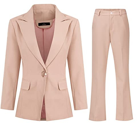 YUNCLOS - Completo da donna, 2 pezzi, formale, per ufficio, con giacca blazer e pantaloni, con un bottone, set tailleur, per lavoro, tailleur elegante e pantaloni, rosa, M