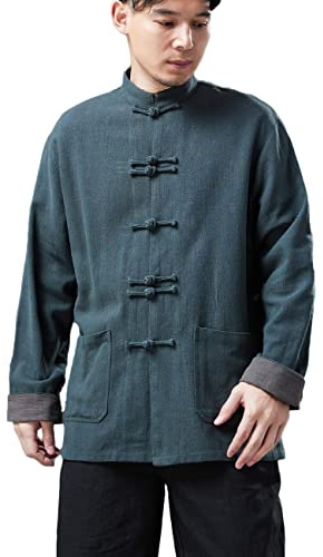 Ystylee Men's Chinese Tang Suit for Kung Fu Morning Excise Clothing Tops Martial Art Cotton Linen Shirt (as1, alpha, m, regular, regular, Dark Green)
