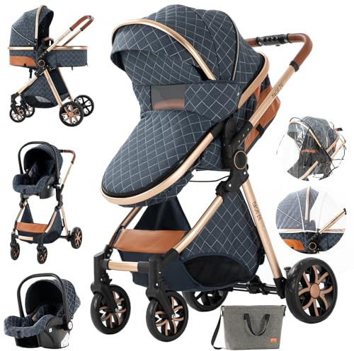 3 en 1 Sistema de Viaje Para Bebé 3 en 1 Reclinable Silla de Paseo Carrito con Capazo Cochecito de Bebé Cochecito de Paisaje Alto Cochecito Estándar Plegable de Recién Nacido (225 Blue)