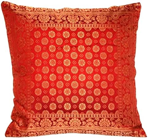 Ruwado Indische Banarasi Seide Kissenbezug, Zierkissenbezug, Sofakissenbezug, Dekokissen, Zierkissen - 40x40 cm | 16x16 Zoll ***Handgewebt und Handgefertigt aus Kaschmir-Indien*** (Rötlichbraun)