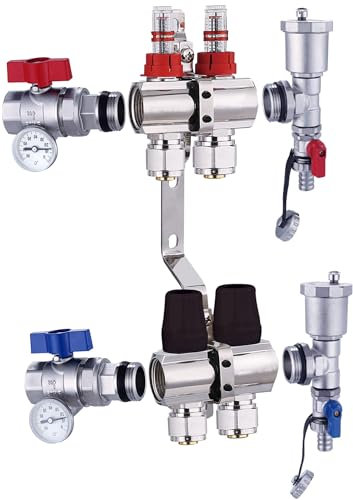 Nordic Tec Heizkreisverteiler mit Eurokonus-Anschlüssen, Durchflussmesser, Oberthermometer, (2 Heizkreise, mit Eurokonus 3/4x16 und Kugelhähne)