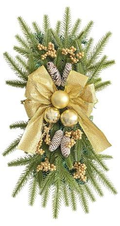 Somerway Weihnachtsgirlande aus Kunststoff, exquisiter Weihnachtskranz für Treppen, künstliche Kieferngeländergirlande, Treppenkranz mit farbigen Kugeln, für die Weihnachtsfeier Gelb