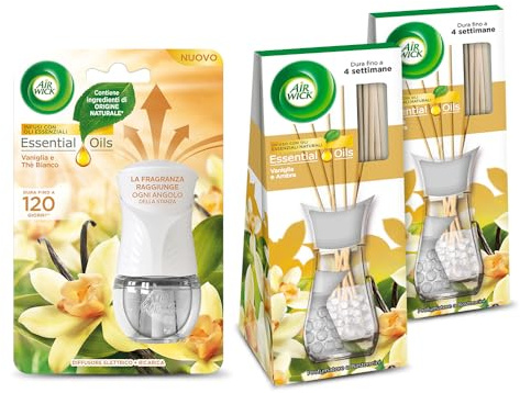 Airwick Kit Profumatori per Ambienti: 1 Diffusore Elettrico di Oli Essenziali, gadget + Ricarica 1x19ml e 2 Profumatori per Ambienti a Bastoncini, 2x25 ml, entrambi alla Fragranza di Vaniglia e Ambra