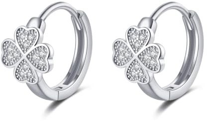 SLUYNZ Sterling Silver Four Clover Leaf Hoop Earrings for Women CZ Clover Leaf Flower Hoop Earrings