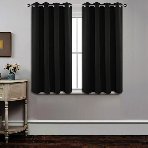 Joydeco Blackout Curtains for Bedroom 46 x 54 Inch, Eyelet Thermal Insulated Energy-saving Drapes for Room Darkening Light Filtering, Short Window Treatments 54 Inch Drop, 2 Panels - Black