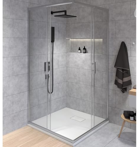 BADLAND Komplettes Set - Duschkabine HELA + Duschwanne VIDAR 80x80 193 cm - Quadratisch Duschabtrennung Transparent Nano Glas 6 mm, Duschtasse Weiß Steinoptik SMC mit Ablaufgarnitur Ø 90 mm…