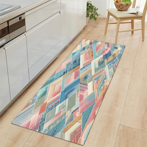 Läufer Teppich Lang Flur rutschfest Waschbar Teppich Bunt, 60x180cm Küchen Teppich Microfiber Dauerhaft, Schlafzimmer Rechteckiges Geometrisches Spleißen Carpet, für Esszimmer Flur