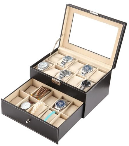 VHVYWY Uhrenbox mit Glasdeckel, Uhrenkoffer Flanell Innenfutter, Uhren Aufbewahrung für Damen Und Herren, Organizer Box PU Leder, Uhrenkasten für Damen Und Herren 20 - Grids