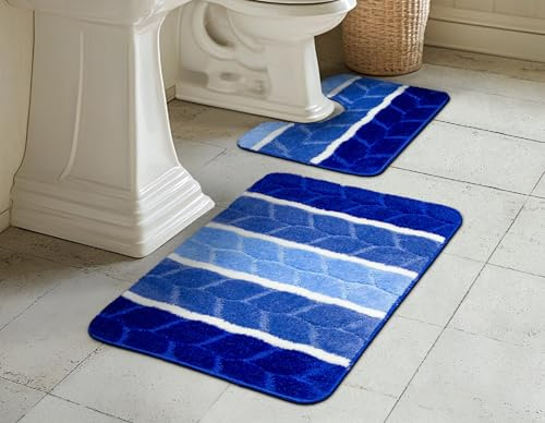 AKCILA Fano Blau Badteppich Set 2-teilig, Rutschfester , Rechteckig, Bunt, Badematten & Badteppiche, Badezimmerteppich , Bad Vorleger waschbar